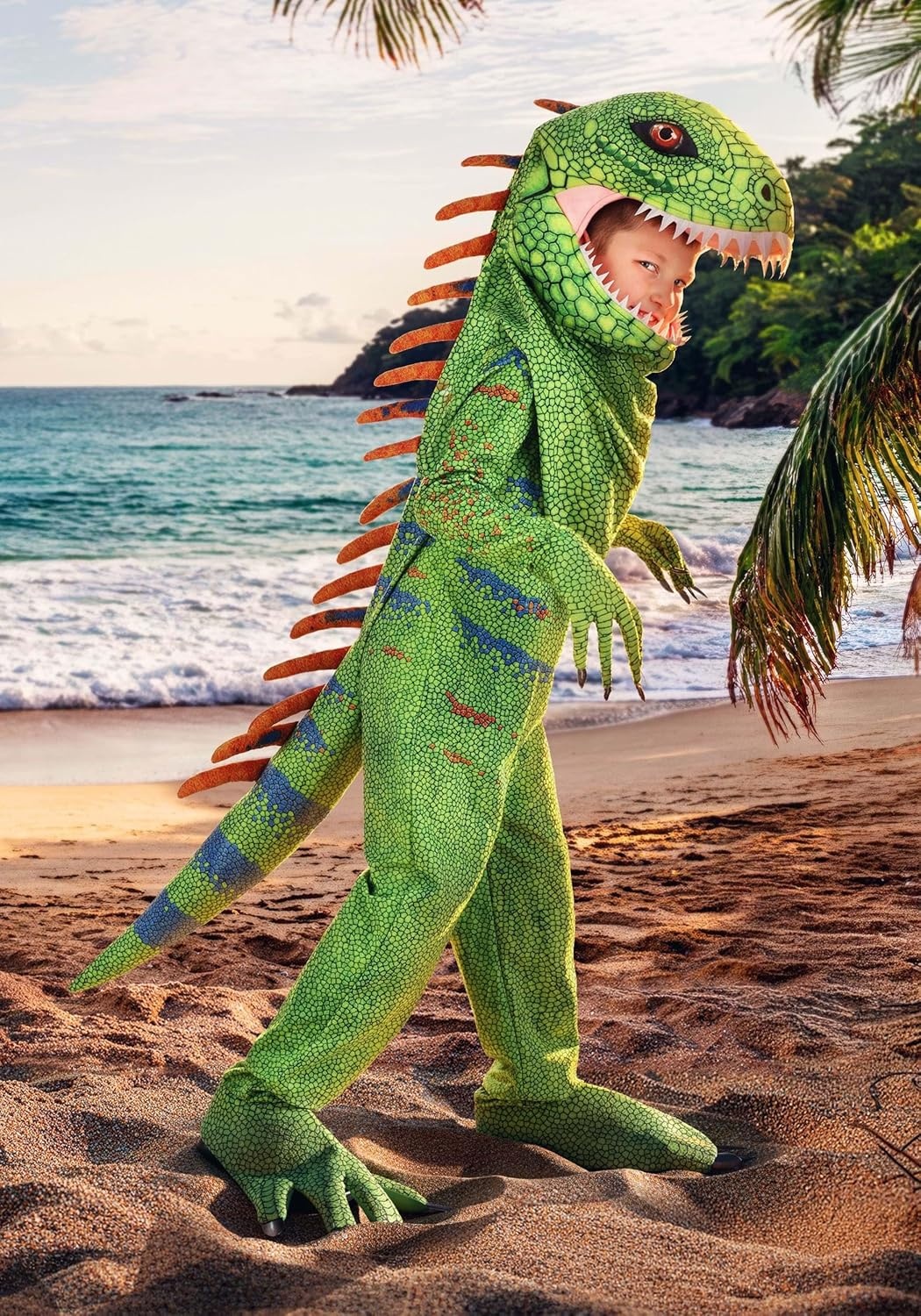 image:imageKids Green Iguana Costume with Scaled Jumpsuit Stuffed Spikes amp Claws Headpiece amp Shoe Covers