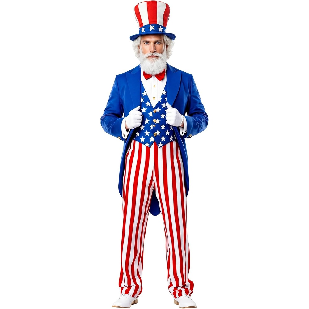 image:imageMens Patriotic Uncle Sam Costume with Jacket Attached Vest Striped Pants Bow Tie and Top Hat Set