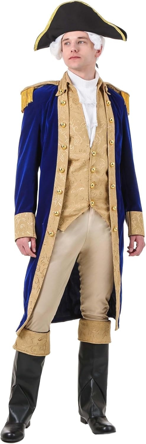 image:imageGeorge Washington Colonial Costume for Men Blue Velvet Jacket Vest Pants Hat Ascot Boot TopsCostume